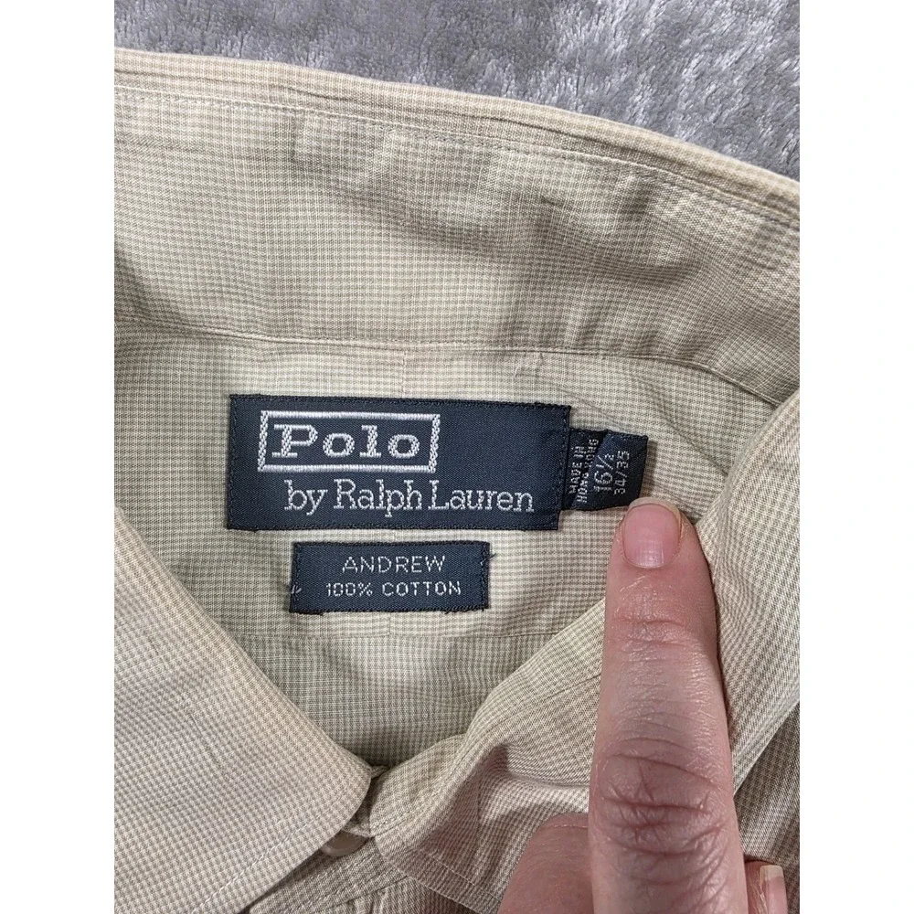 Polo Ralph Lauren Andrew Mens 16.5 34/35 Button Up Dress Shirt Beige Micro Check
